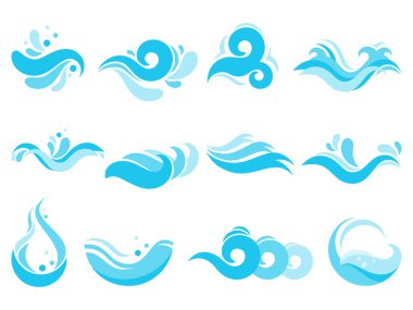 Deniz su sıçrama. Spa havuzu dalgalar, okyanus sörf gelgit ve izole swirls vektör simgeler illüstrasyon set suları