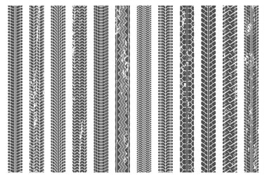 Tires tread tracks. Dirty tire track, grunge texture treads pattern and truck car trace vector illustration set clipart