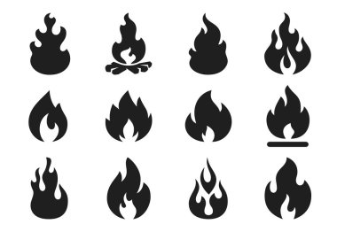 Yangın alevleri siluet. Yanan kamp ateşi, sıcak alev şekli. Basit vektör çizim Icons set