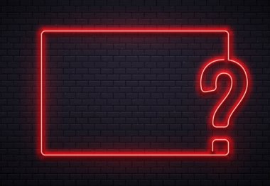 Neon question mark frame. Quiz lighting, interrogation point red neon lamp on bricks wall texture background 3d vector illustration clipart