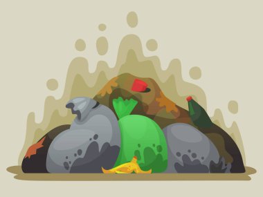 Çöplüğü. Kokuşmuş çöp çöp torbaları, şehir döker ve çöp karikatür vektör çizim yığını