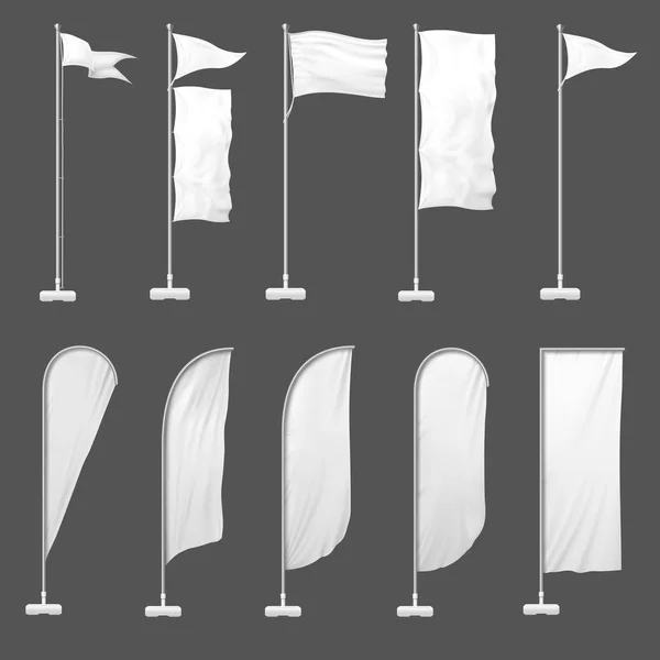 Beach flag. Outdoor banner on flagpole, stand blank flags and empty advertising beachfront banners 3d template vector illustration