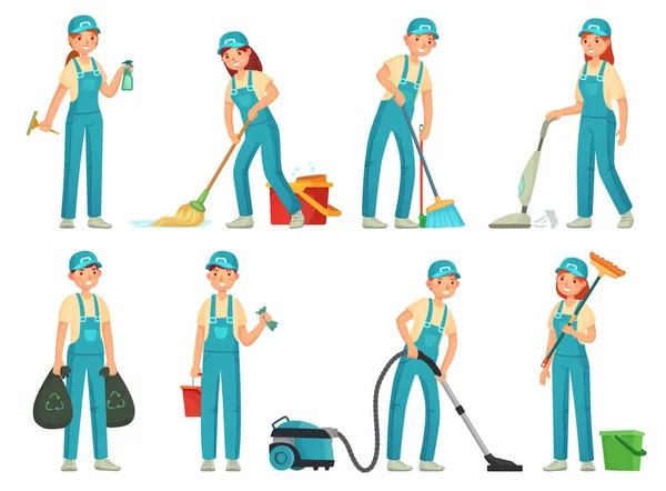 Trabalhadores da limpeza. Pessoal de limpeza profissional, trabalhador doméstico mais limpo e equipamentos de limpeza. Início limpo conjunto de vetores de desenhos animados — Vetor de Stock