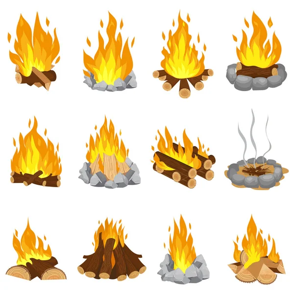 Dřevo táborák. Venkovní oheň, oheň, hořící dřevěné špalky a kempování kamenný krb kreslené vektorové ilustrace set — Stockový vektor