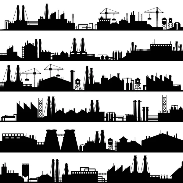 工場の建物のシルエット。工場、製油所パノラマ及び建物スカイライン ベクトル イラスト セット — ストックベクタ