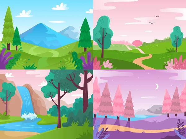 Flat landscape. Summer field nature, forest fauna and waterfall landscapes. Mountains and cloudy sky vector background illustration — Stock Vector