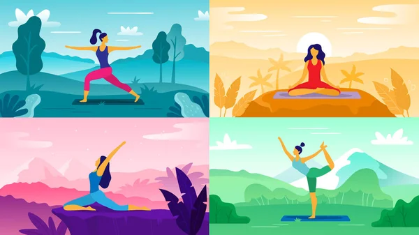 Ejercicio de yoga sobre la naturaleza. Relájese al aire libre ejercicios, fitness y estilo de vida saludable. Yoga plantea conjunto de ilustración de vector plano — Vector de stock