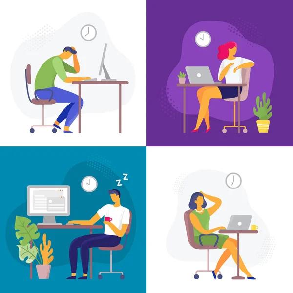 Trabajando hasta tarde. Trabajo de horas extras, trabajador adicto al trabajo ocupado y empleados con computadoras portátiles de oficina. Plazo conjunto de ilustración de vector plano — Vector de stock