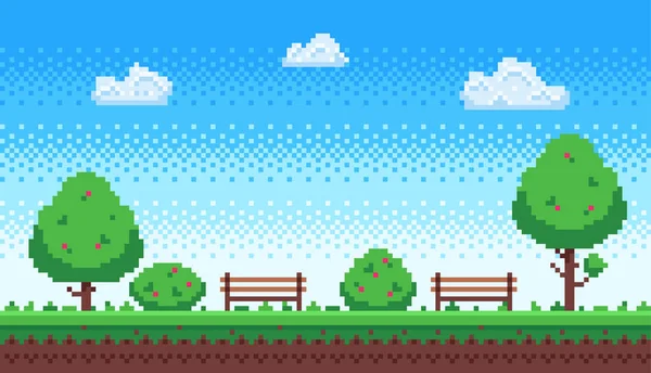 Pixel Park. Retro 8 bit jogo céu azul, pixels árvores e parques bench vetor ilustração —  Vetores de Stock