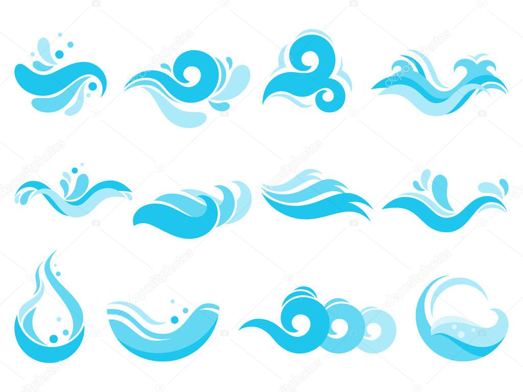Sea water splash. Spa pool waves, ocean surf tide and waters swirls. River flowing wave, stormy foam surf water or windsurf swirls gale tide logo. Isolated vector icons illustration set