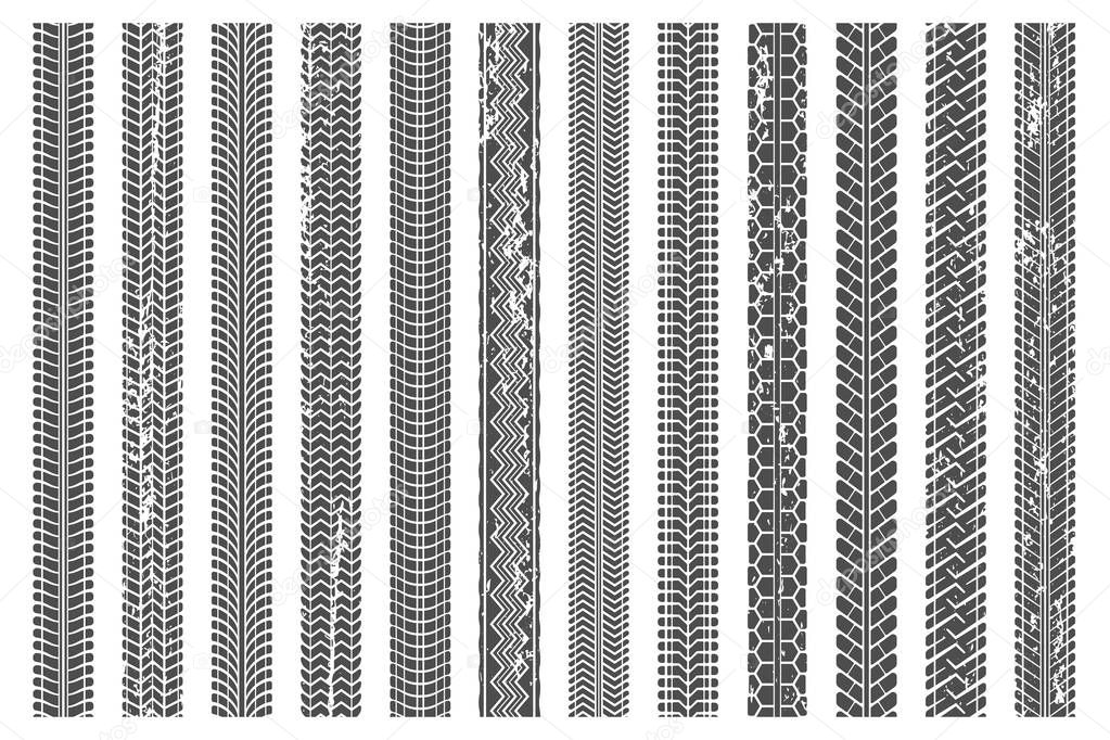 Tires tread tracks. Dirty tire track, grunge texture treads pattern and truck car trace vector illustration set