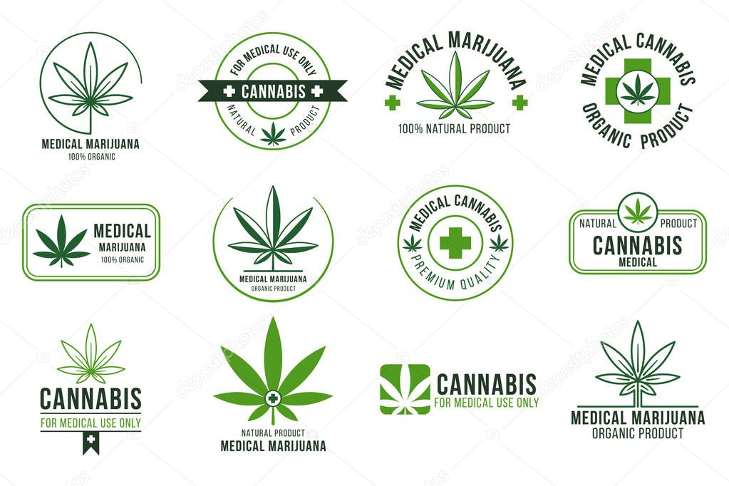 Cannabis label. Medical marijuana therapy, legal hemp plant and drug plants. Smoking weed badges, health marijuana smoking or cannabis manufacturing leaf logo. Isolated vector symbols set