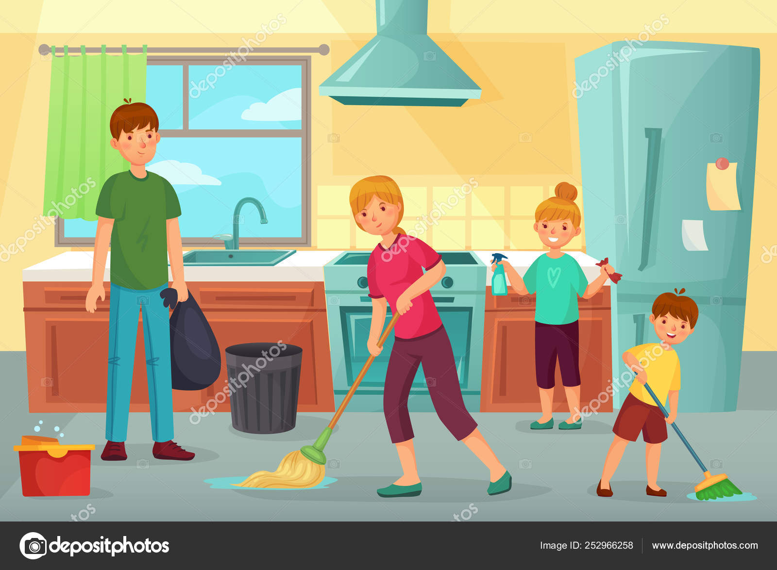 Detergente de limpieza y trapeador en el piso de una sala de estar en un  hogar