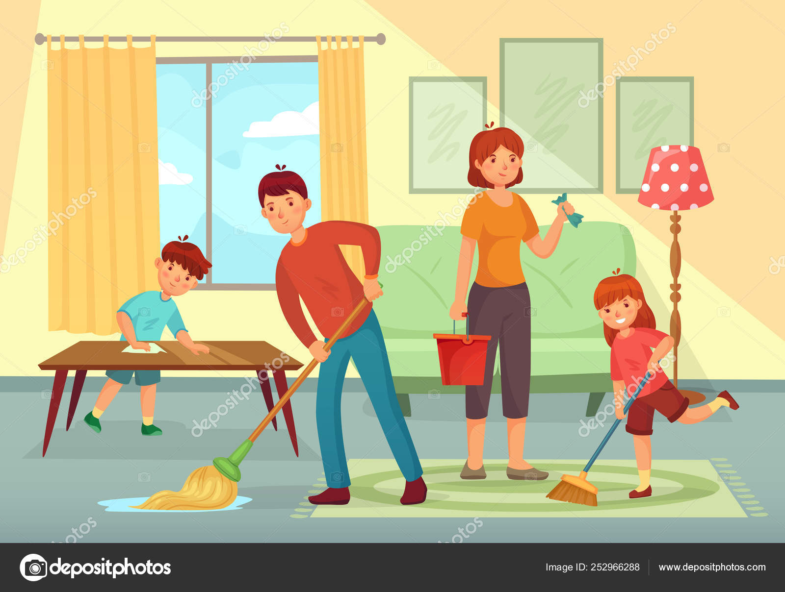 Family cleaning house. Father, mother and kids cleaning living room  together housework cartoon vector illustration Stock Vector Image by  ©.com #252966288