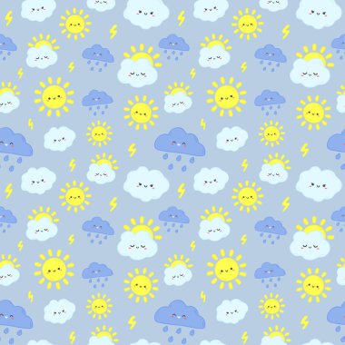 Sevimli yağmur gökyüzü desen. Mutlu güneş gülümsüyor, yıldırım ve yağmurlu bir gün bulutlu sorunsuz thunderclouds illüstrasyon vektör