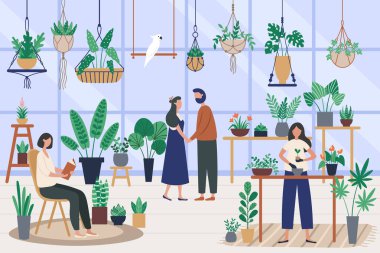 Botanikçi sera. Houseplant dikim, bitkiler ve çiftlik hobi büyümek. Orangery vektör çizim zaman harcama arkadaş