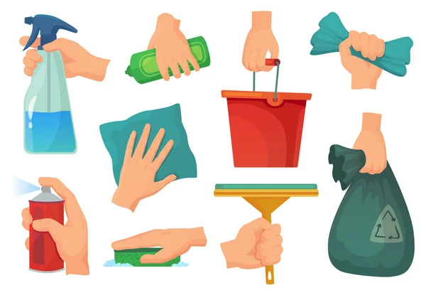 Schoonmaakmiddelen in handen. Hand houden wasmiddel, huishoudelijk werk leveringen en opruimen rag cartoon vector illustratie set — Stockvector