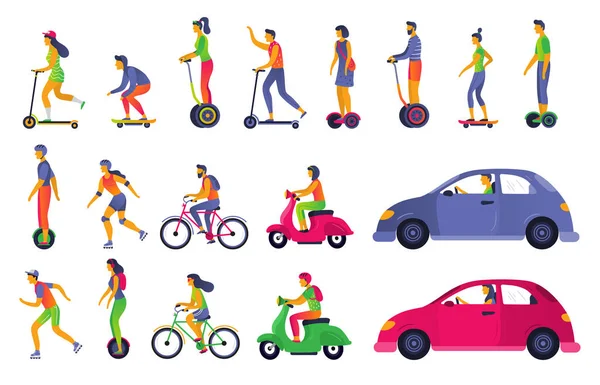 Des gens dans les transports en commun. Scooter électrique hoverboard, segway et roller skates. Illustration vectorielle des véhicules urbains et des voitures de transport — Image vectorielle