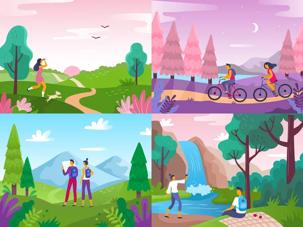 Turismo na natureza. Viajantes de montanhismo, viagens explorar paisagem e viajar esporte descanso plana vetor ilustração —  Vetores de Stock