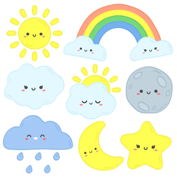 Cute sky. Happy sun, funny moon and hand drawn star. Nursery sleep clouds, baby rainbow and night stars cartoon vector illustration — Stock Vector