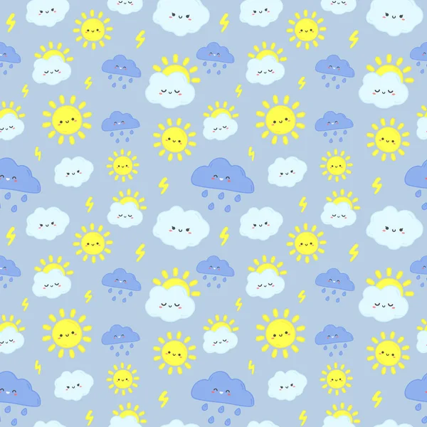 Lindo patrón de cielo lluvioso. Sonriente sol feliz, nubes de trueno con relámpagos y nubes de día lluvioso ilustración vectorial sin fisuras — Vector de stock