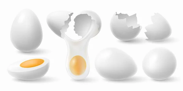 Uova di pollo. Bianco uovo di Pasqua, guscio d'uovo incrinato e uovo sodo 3d realistico set illustrazione vettoriale — Vettoriale Stock