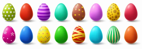 Huevos coloridos de Pascua. Decoración de huevo de pollo de vacaciones, patrones de Pascua realista conjunto de ilustración vectorial aislado — Vector de stock
