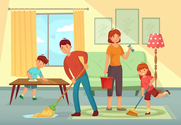 Familie reinigen van huis. Vader, moeder en kinderen schoonmaken woonkamer samen huishouden cartoon vectorillustratie — Stockvector