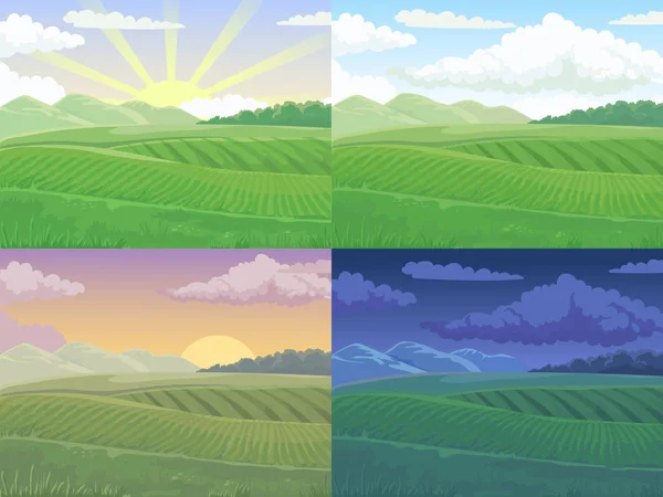 Champ d'été. Colline verte, champs diurnes paysage et printemps collines dessin animé vecteur illustration fond — Image vectorielle