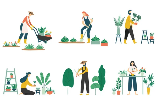 Mensen tuinieren. Vrouw planten van bloemen van de tuinen, landbouw tuinman hobby en tuin baan platte vectorillustratie instellen — Stockvector