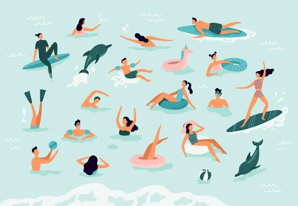Zee zwemmen. Actieve mensen duiken, zwemmen met dolfijnen en surfen. Zomer Oceaan zwemmen vectorillustratie — Stockvector
