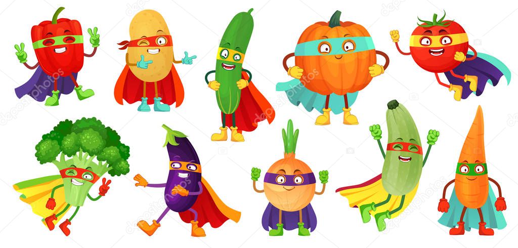 Superhero vegetables. Super cucumber, hero mask on pumpkin and vegetable food with superheroes cloak cartoon vector illustration set