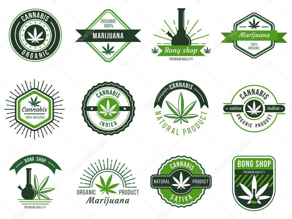 Marijuana label. Smoke weeds, cannabis joint and hashish or weed smoking device. Marijuana seeds, organic cannabis manufacturing logo. Vector illustration isolated symbols set