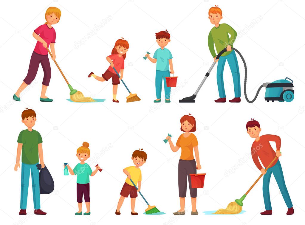 Family housework. Parents and kids clean up house, cleaning with vacuum cleaner and wash floor cartoon vector illustration set