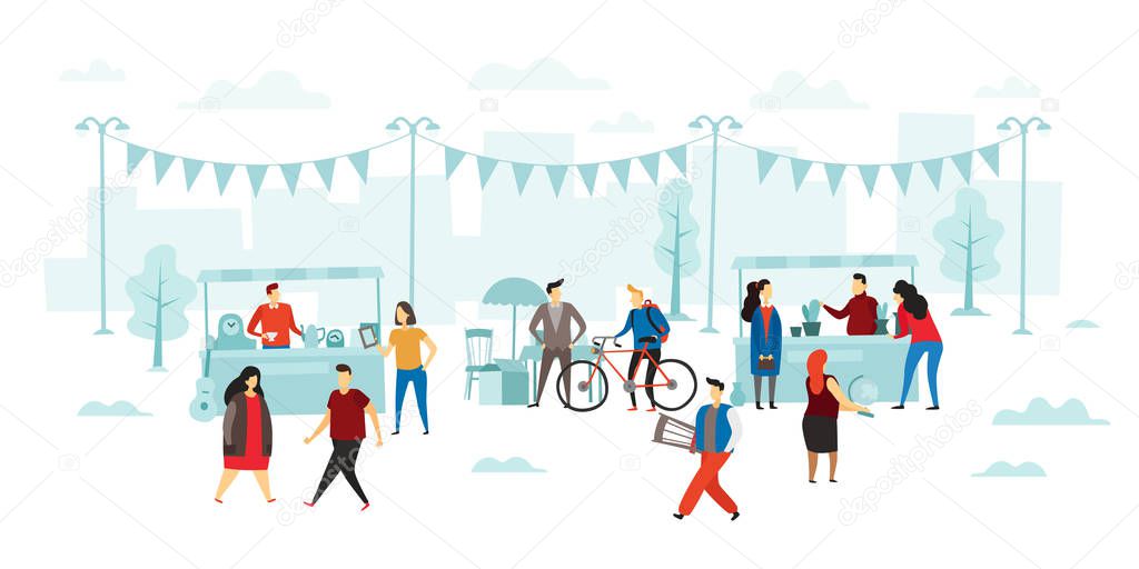 Flea market. People buy and sold, fleas shop sale and street shopping flat vector illustration