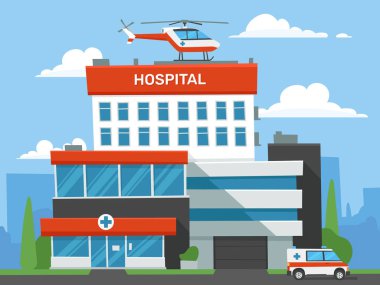 Çizgi film Hastane Binası. Acil Kliniği, acil tıbbi yardım helikopter ve ambulans araba. Revir Merkezi vektör çizim