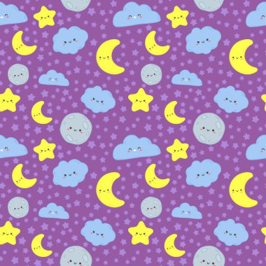Gece gökyüzü seamless modeli. Uyku yüzü, bulutlar ve yıldız çocuklar kumaş vektör karikatür çizim yazdırma ile şirin ay