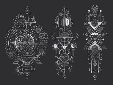 Soyut büyülü dövme. Kutsal geometrik ay, mistik vahiy okları hatları ve Tasavvuf uyum el çizilmiş vektör çizim