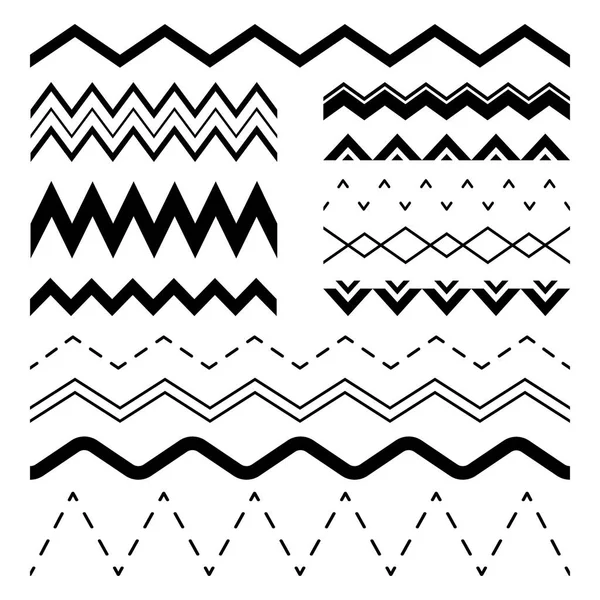 Zigzag ondulado. Wiggle ondas dentadas, borde de onda sinusal paralela línea y seno zigzags marco vector conjunto de ilustración sin fisuras — Archivo Imágenes Vectoriales