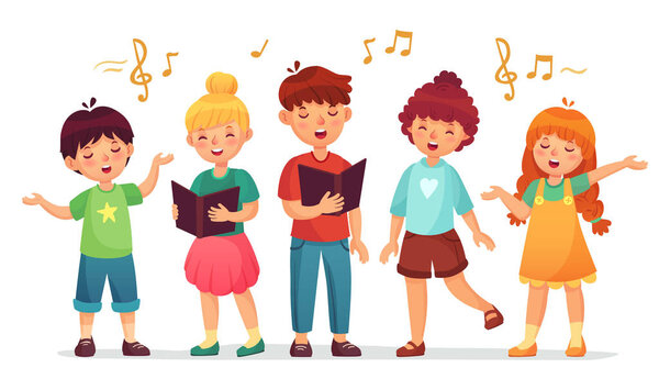 Поющие дети. Музыкальная школа, детская вокальная группа и детский хор поют мультипликационные векторные иллюстрации
