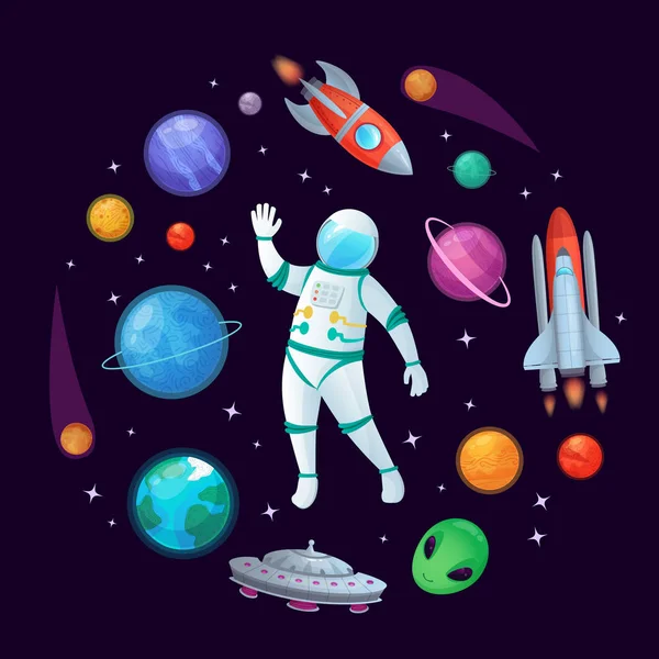 Cartoon astronaut in de ruimte. Spaceman raket, stary ufo ruimteschip en planeten vector illustratie — Stockvector