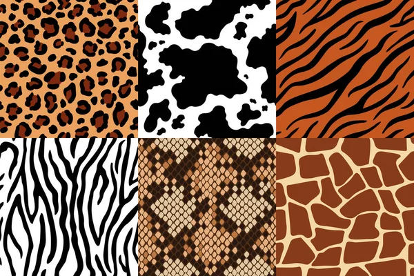 Animal skins pattern. Leopard leather, fabric zebra and tiger skin. Safari giraffe, cow print and snake seamless patterns vector set — Stock Vector