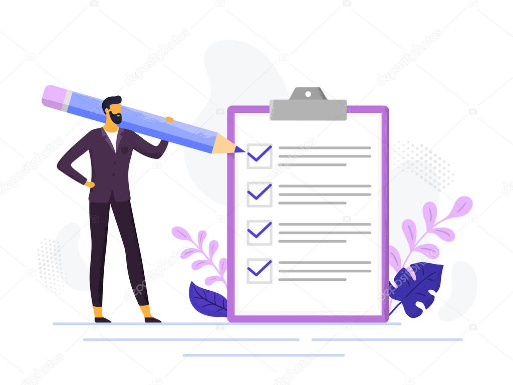 Businessman checklist. Control business checklists, male person holding pencil and exam paper lists. Checks tasks vector illustration