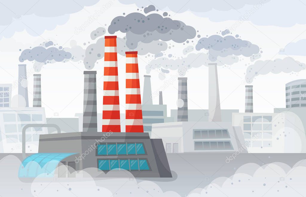 Factory air pollution. Polluted environment, industrial smog and industry smoke clouds vector illustration