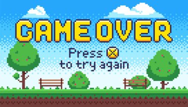 Ekran üzerinde oyun. Retro 8 bit Arcade oyunları, eski piksel video oyunu sonu ve piksel tekrar denemek için X tuşuna basın vektör illüstrasyon işareti