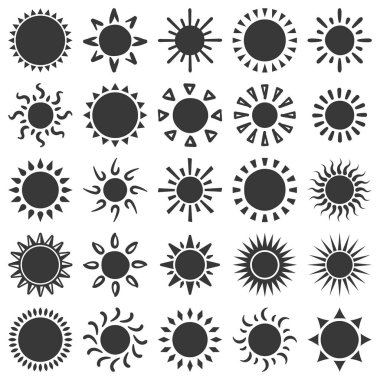 Güneş silüeti simgesi. Yaz güneş ışığı, sıcak güneşli gün siluetleri ve doğal sıcak ışık simge vektör illüstrasyon seti