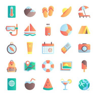 Düz yaz simgeleri. Tatil turu, kumlu plaj şemsiyesi. Deniz gemisi, gündoğumu ve sıcak güneş simgesi vektör illüstrasyon seti