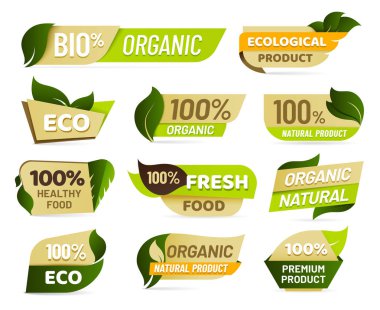 Vegan amblemi. Taze doğa ürün rozeti, sağlıklı vejetaryen gıda ürünleri Sticker ve doğal ekolojik gıdalar etiketler vektör seti