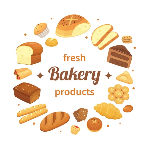 Rótulo de produtos de padaria redonda. Pão fresco assado, pumpernickel rolos de pequeno-almoço e pão de assar. Padrões rótulos modelo vetorial —  Vetores de Stock