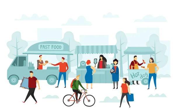 Справедливый рынок выходных. Векторная иллюстрация уличных магазинов, продовольственных грузовиков и блошиных рынков — стоковый вектор